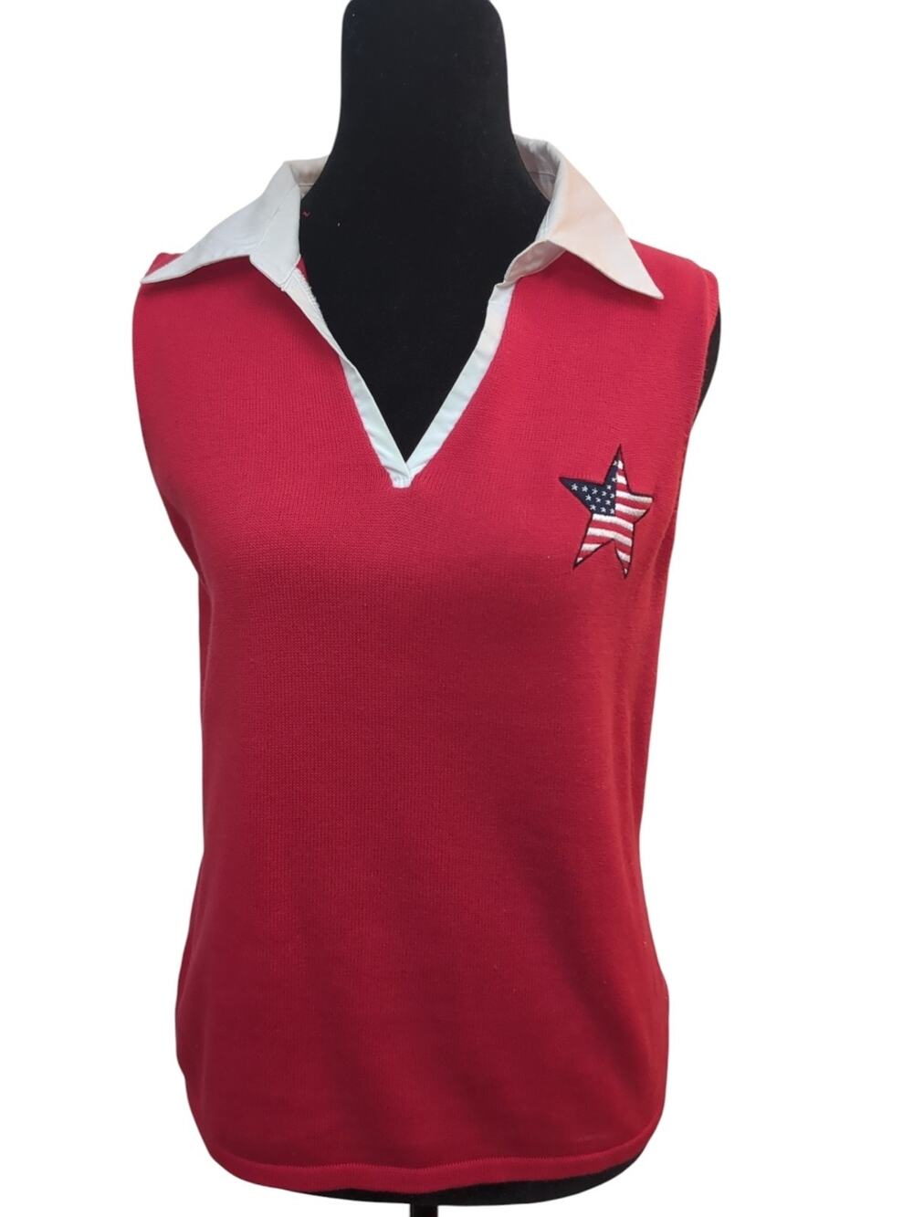 Crystal-Kobe Red Sleeveless Cotton Knit Polo Top American Flag Star Size M Y2K